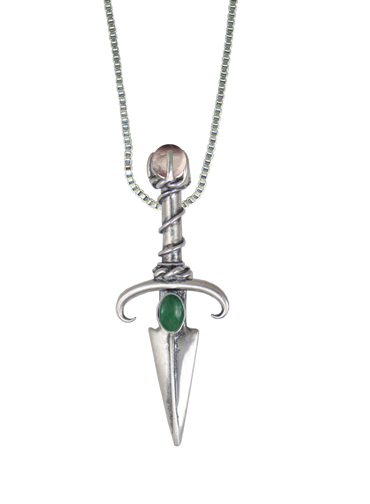 Sterling Silver Black Prince's Knife Dagger Pendant With Jade And Rose Quartz